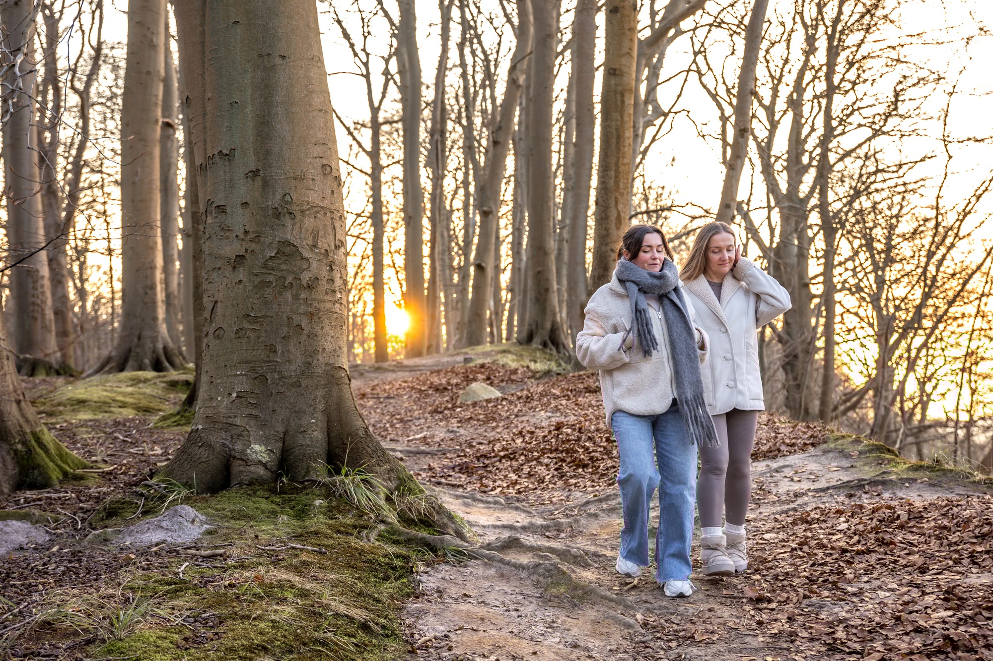 Two female friends on a walk in the forest. Friends walking through the forest. People in nature.